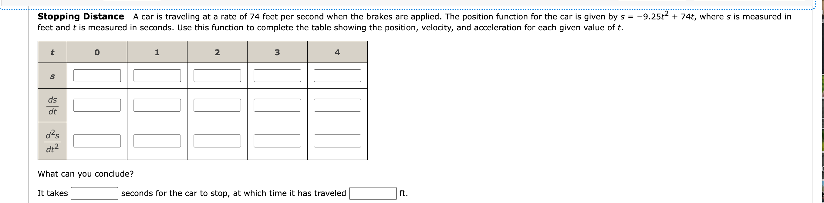 Stopping Distance A Car Is Traveling At A Rate Of 74 Feet Per Second When The Brakes Are Applied The Position Function 1