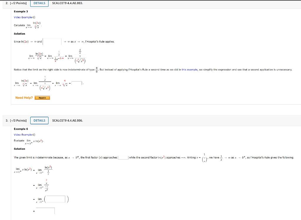 2 2 Points Details Example 3 Video Example 43 Calculate Lim Solution Since In 2x And In 2x X Lim X In 2x Lim 2 1