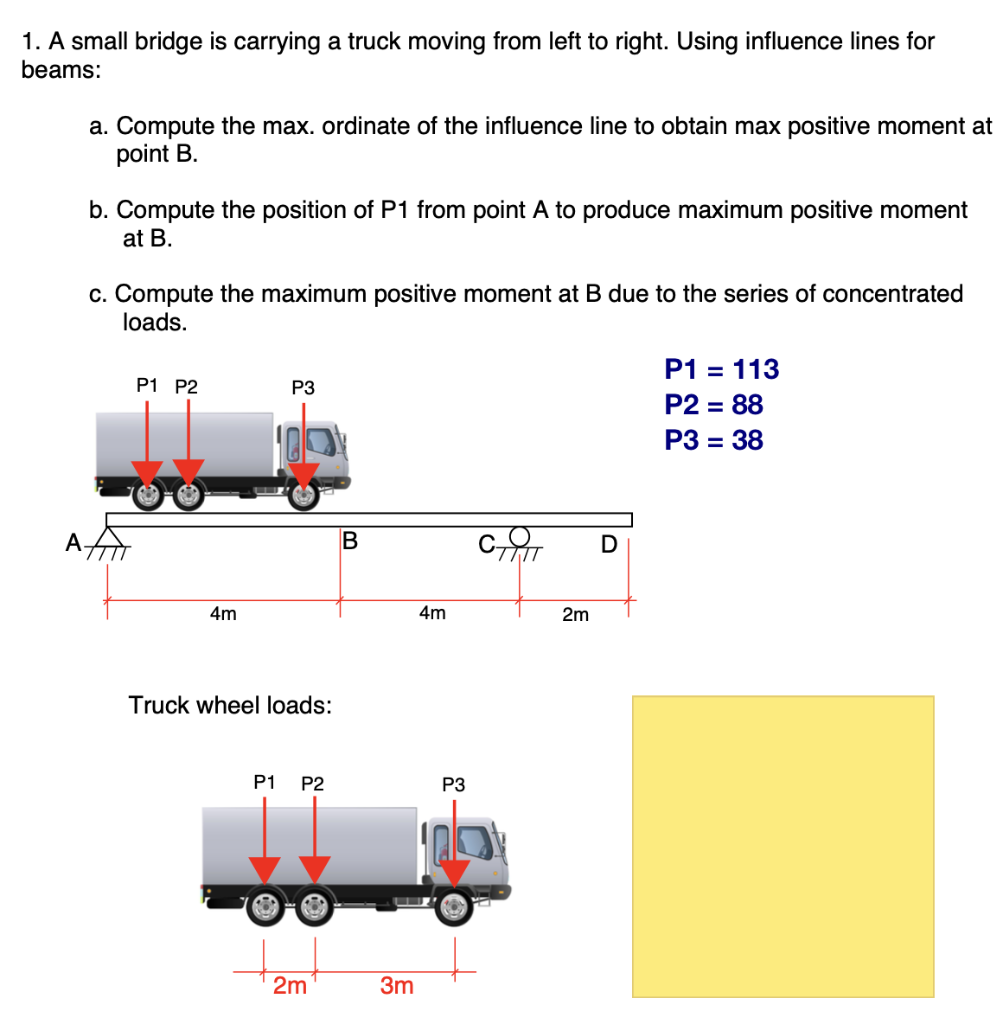 1 A Small Bridge Is Carrying A Truck Moving From Left To Right Using Influence Lines For Beams A Compute The Max Or 1