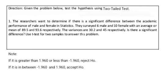 Direction Given The Problem Below Test The Hypothesis Using Two Tailed Test 1 The Researchers Want To Determine If T 1