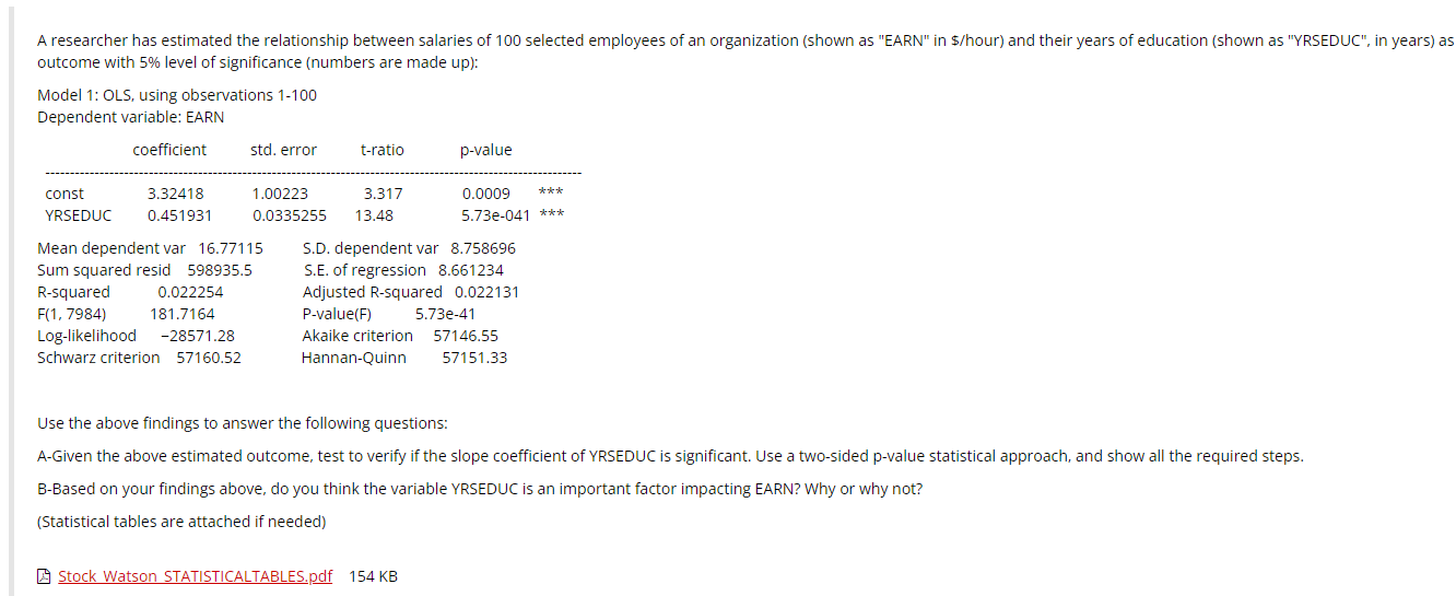 A Researcher Has Estimated The Relationship Between Salaries Of 100 Selected Employees Of An Organization Shown As Ear 1