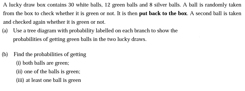 A Lucky Draw Box Contains 30 White Balls 12 Green Balls And 8 Silver Balls A Ball Is Randomly Taken From The Box To Ch 1