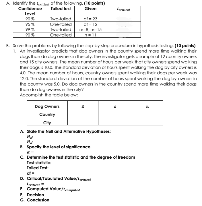 A Identify The Tcritical Of The Following 10 Points Confidence Tailed Test Given Level 90 95 99 90 Two Tailed 1