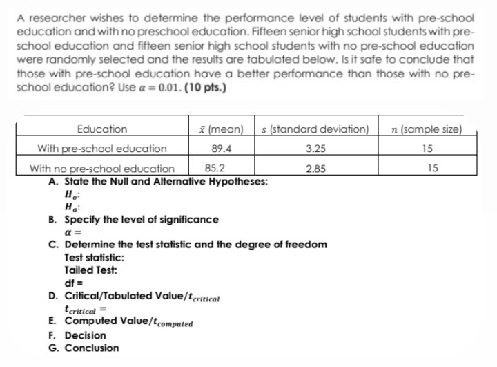 A Researcher Wishes To Determine The Performance Level Of Students With Pre School Education And With No Preschool Educa 1