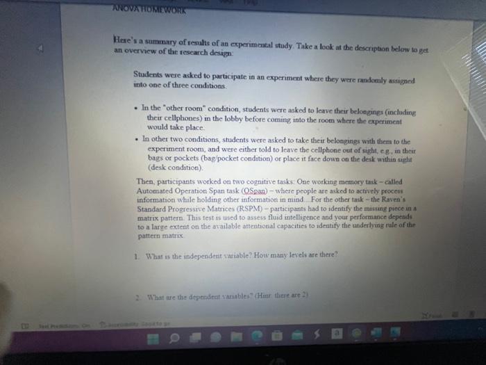 Anova Homework Here S A Summary Of Results Of An Experimental Study Take A Look At The Description Below To Get An Over 1