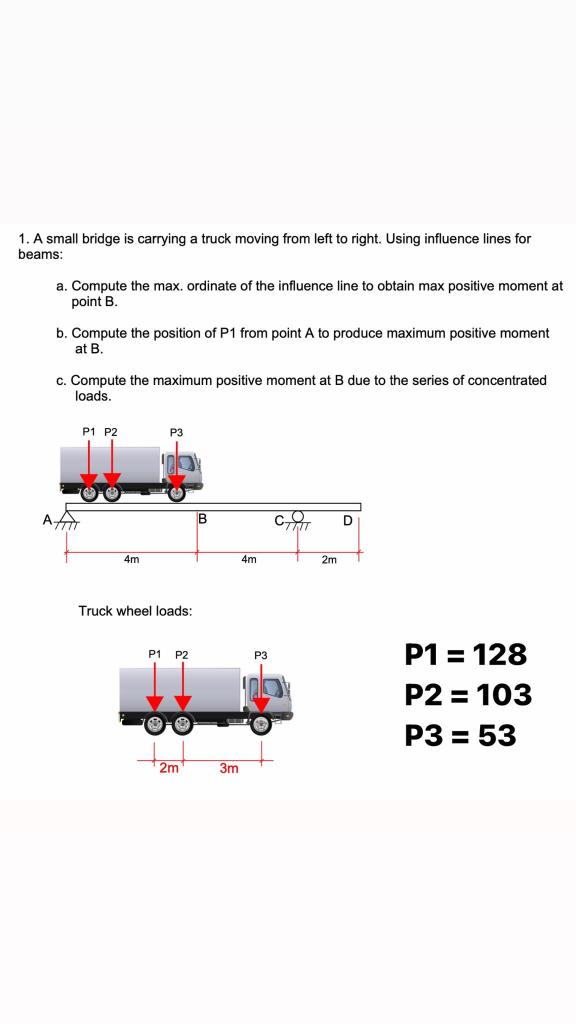 1 A Small Bridge Is Carrying A Truck Moving From Left To Right Using Influence Lines For Beams A Compute The Max Or 1
