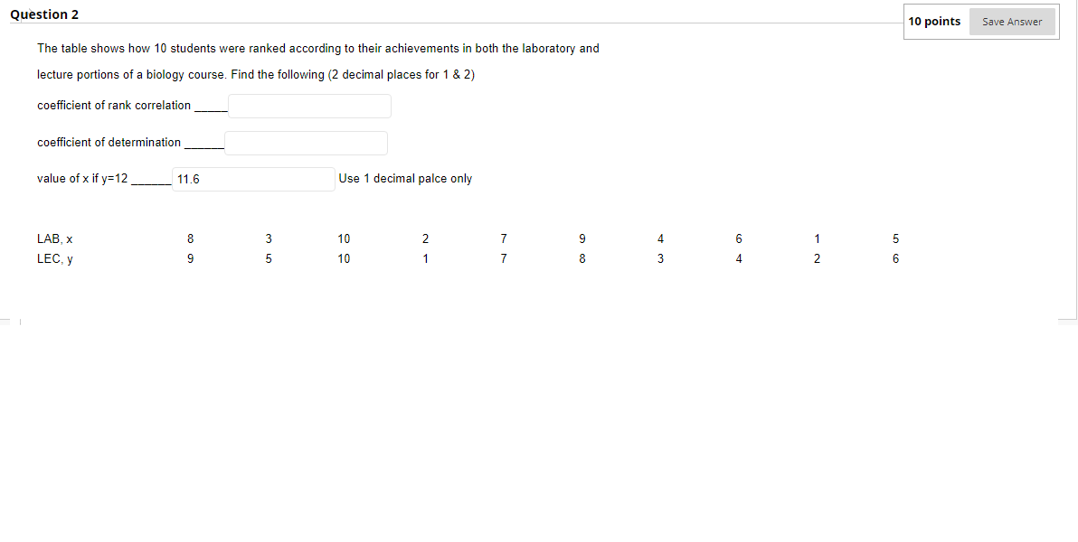Question 2 The Table Shows How 10 Students Were Ranked According To Their Achievements In Both The Laboratory And Lectur 1