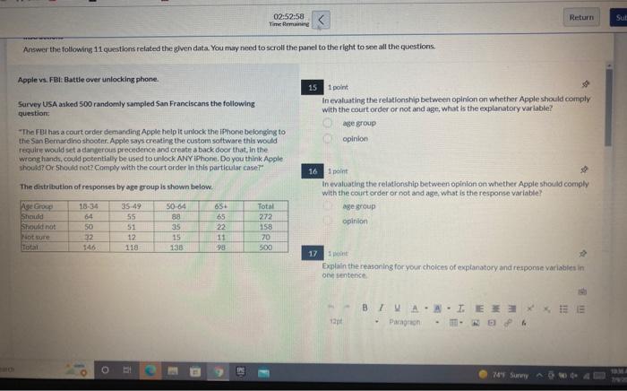02 52 58 Time Remaining Answer The Following 11 Questions Related The Given Data You May Need To Scroll The Panel To Th 1