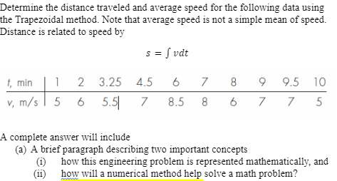Determine The Distance Traveled And Average Speed For The Following Data Using The Trapezoidal Method Note That Average 1