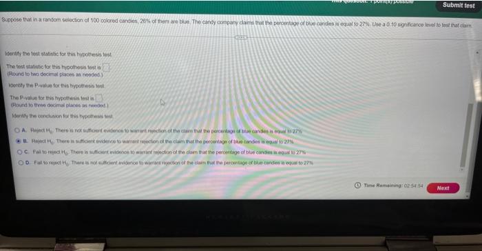 Identify The Test Statistic For This Hypothesis Test The Test Statistic For This Hypothesis Test Is Round To Two Decima 1