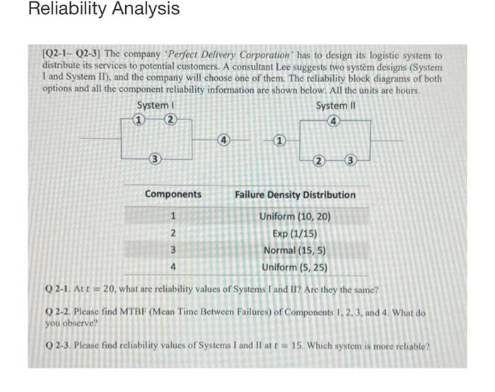 Reliability Analysis Q2 1 Q2 3 The Company Perfect Delivery Corporation Has To Design Its Logistic System To Distrib 1