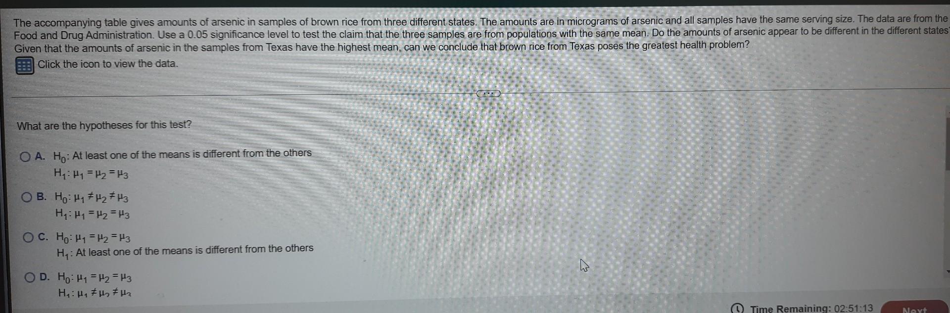The Accompanying Table Gives Amounts Of Arsenic In Samples Of Brown Rice From Three Different States The Amounts Are In 1