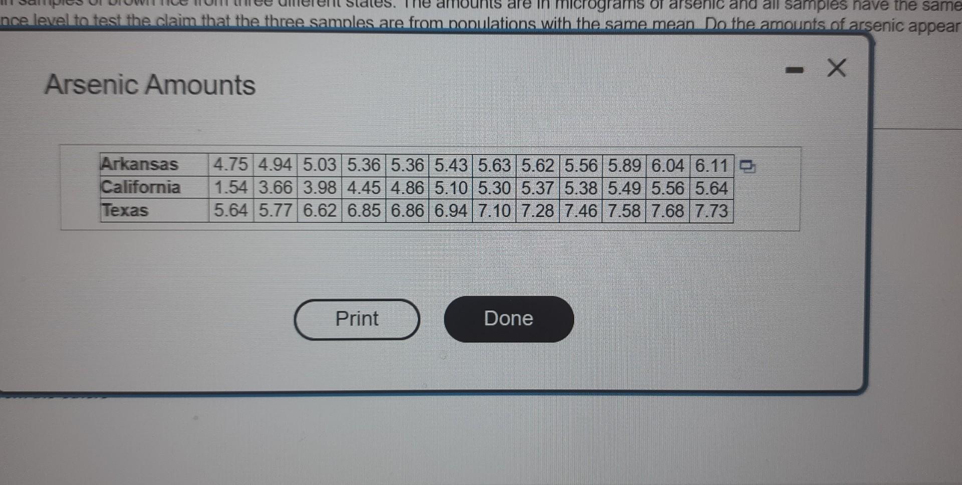 The Accompanying Table Gives Amounts Of Arsenic In Samples Of Brown Rice From Three Different States The Amounts Are In 4