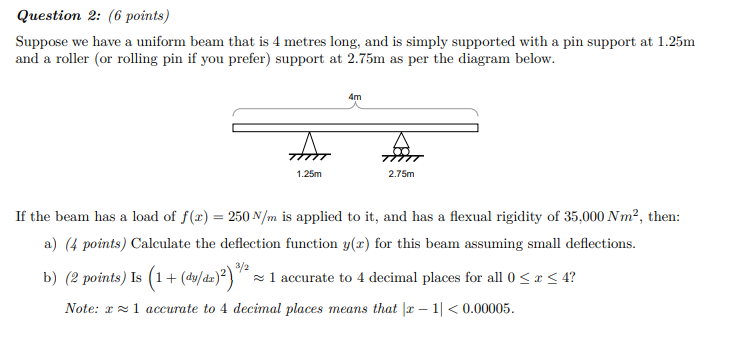 Question 2 6 Points Suppose We Have A Uniform Beam That Is 4 Metres Long And Is Simply Supported With A Pin Support 1