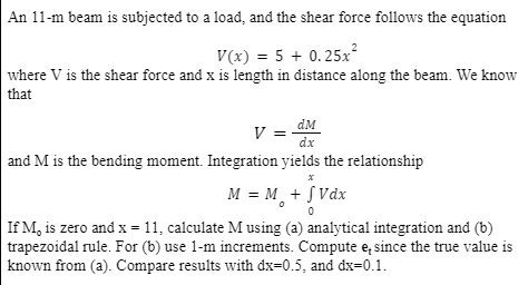 An 11 M Beam Is Subjected To A Load And The Shear Force Follows The Equation V X 5 0 25x Where V Is The Shear For 1