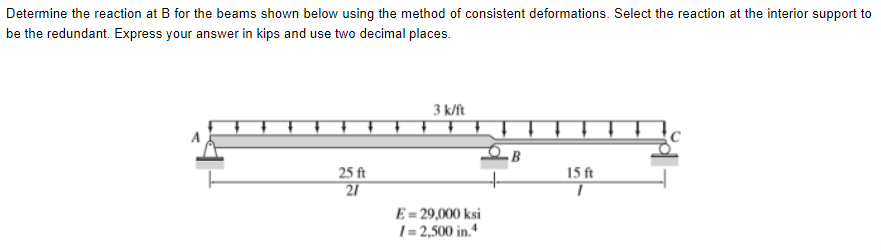 Determine The Reaction At B For The Beams Shown Below Using The Method Of Consistent Deformations Select The Reaction A 1