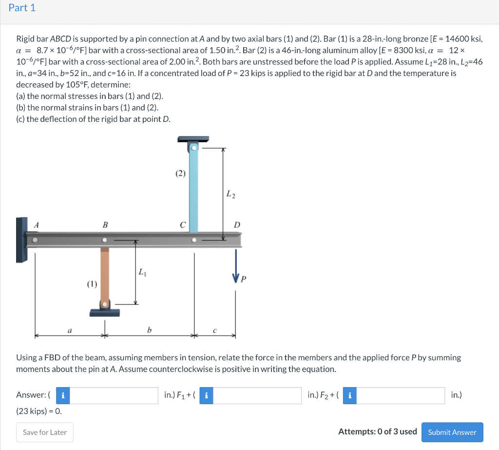 Part 1 Rigid Bar Abcd Is Supported By A Pin Connection At A And By Two Axial Bars 1 And 2 Bar 1 Is A 28 In Long 1