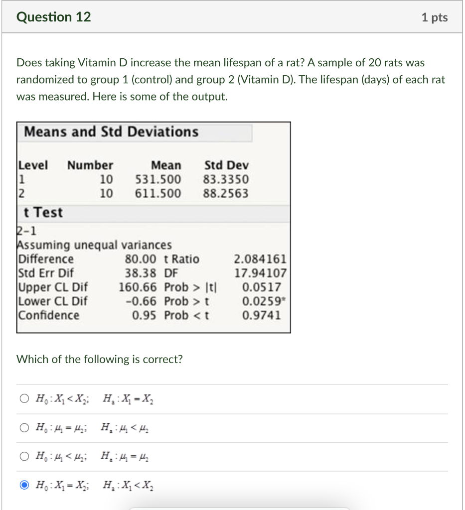 Question 12 Does Taking Vitamin D Increase The Mean Lifespan Of A Rat A Sample Of 20 Rats Was Randomized To Group 1 Co 1