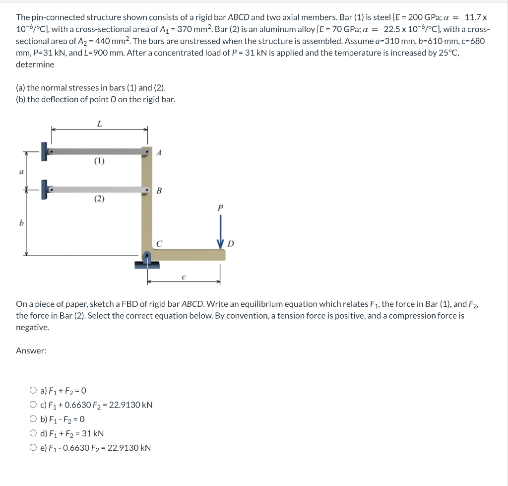 The Pin Connected Structure Shown Consists Of A Rigid Bar Abcd And Two Axial Members Bar 1 Is Steel E 200 Gpa A 1