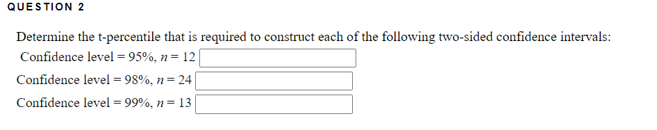 Question 2 Determine The T Percentile That Is Required To Construct Each Of The Following Two Sided Confidence Intervals 1