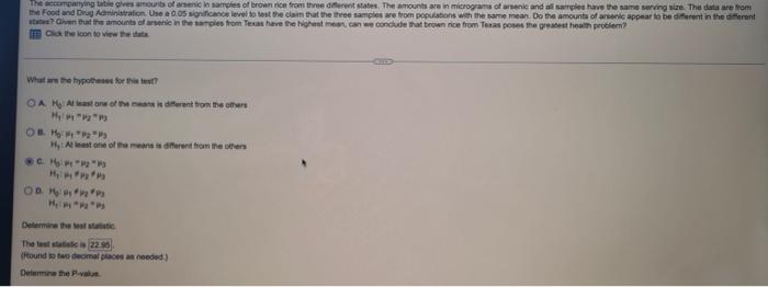 The Accompanying Table Gives Amounts Of Arsenic In Samples Of Brown Rice From Three Different States The Amounts Are In 1