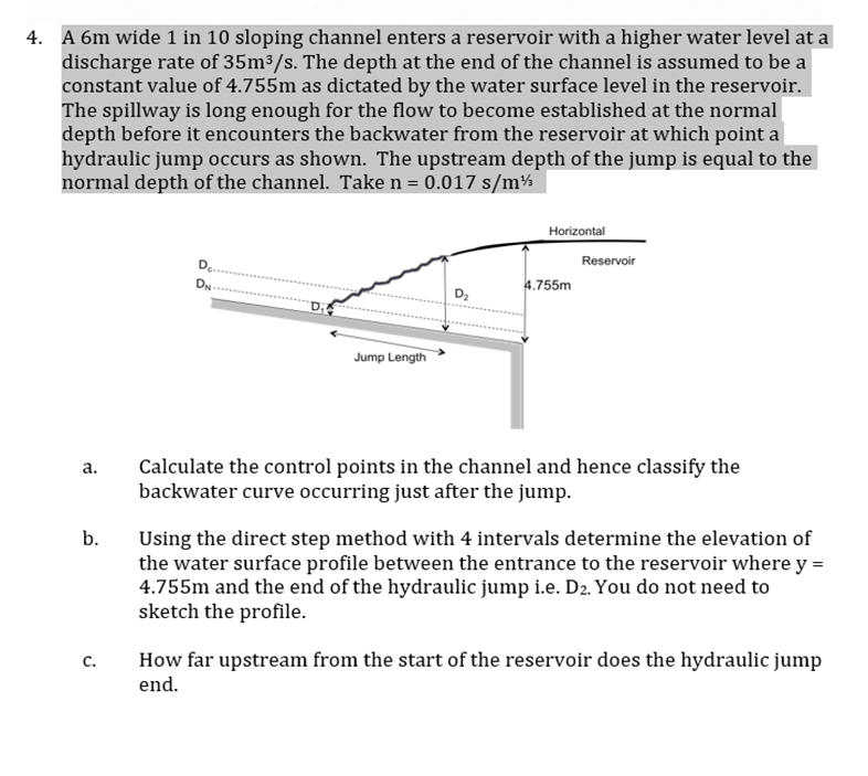 4 A 6m Wide 1 In 10 Sloping Channel Enters A Reservoir With A Higher Water Level At A Discharge Rate Of 35m3 S The Dep 1