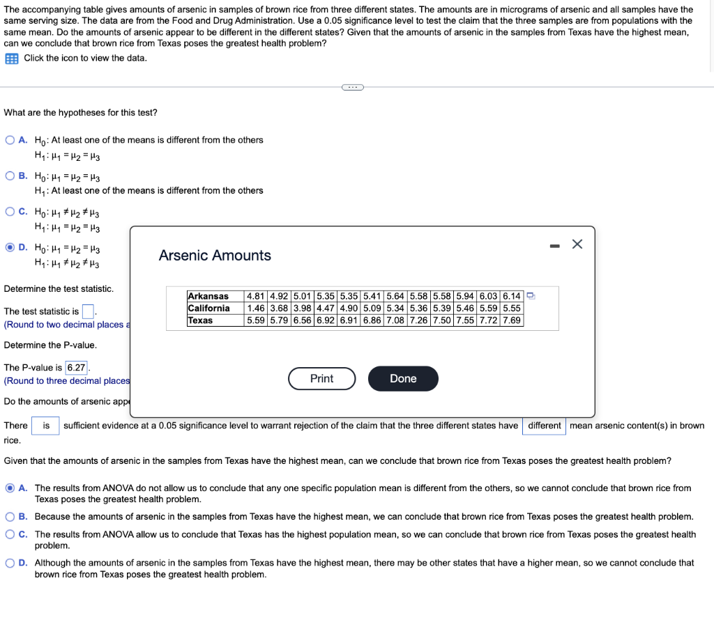 The Accompanying Table Gives Amounts Of Arsenic In Samples Of Brown Rice From Three Different States The Amounts Are In 1
