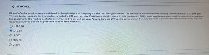 Question 22 Electrify Appliances Inc Wants To Determine The Optimal Production Policy For Their Best Selling Microwave 1