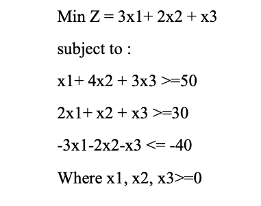 Min Z 3x1 2x2 X3 Subject To X1 4x2 3x3 50 2x1 X2 X3 30 3x1 2x2 X3 40 Where X1 X2 X3 0 1