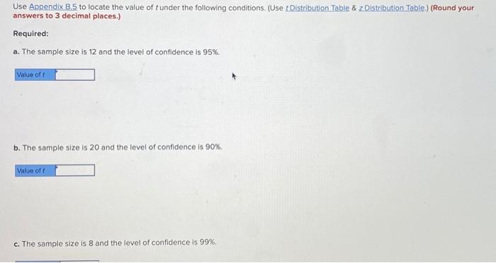Use Appendix B 5 To Locate The Value Of T Under The Following Conditions Use Distribution Table Z Distribution Table 1