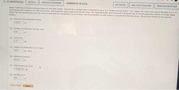 2 11 45 20 Points Previous Answers Aswmsci15 10 E 013 My Notes Ask Your Teacher Practice Another Wilson Publishing C 1