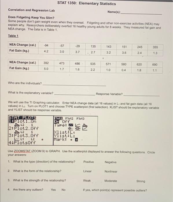Correlation And Regression Lab Does Fidgeting Keep You Slim Some People Don T Gain Weight Even When They Overeat Fidge 1