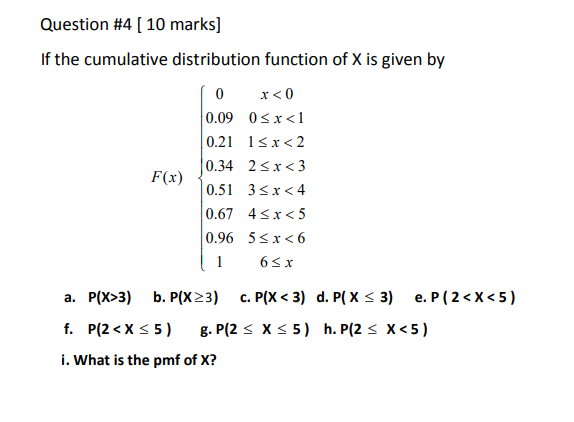 Question 4 10 Marks If The Cumulative Distribution Function Of X Is Given By 0 X 0 0 09 0 X 1 0 21 1 X 2 0 34 2 X 3 1