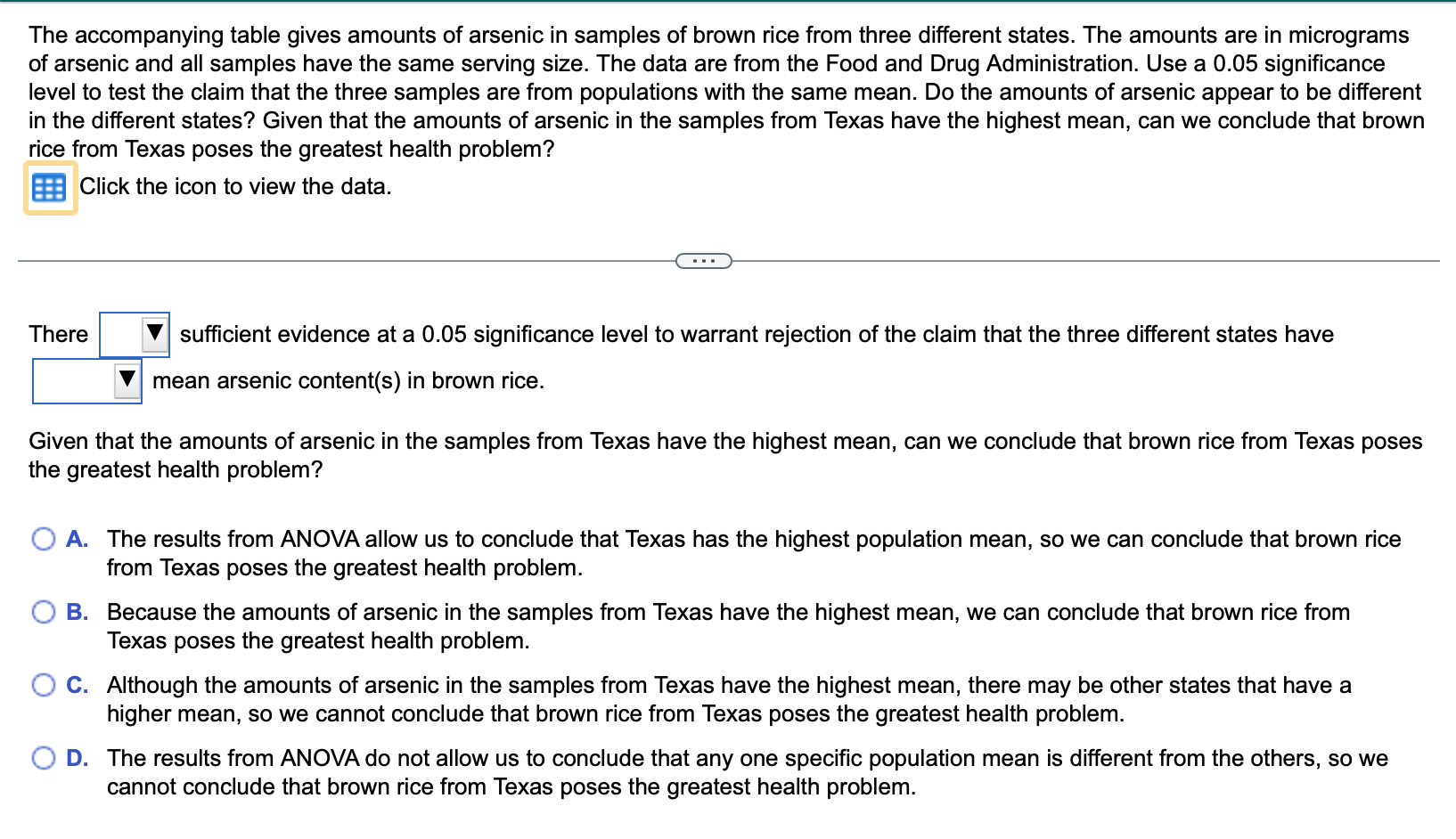 The Accompanying Table Gives Amounts Of Arsenic In Samples Of Brown Rice From Three Different States The Amounts Are In 1