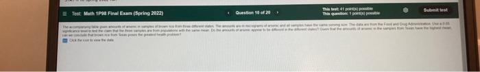 Test Math 1p98 Final Exam Spring 2022 The Accompanying Table Gives Amounts Of Arsenic In Samples Of Brown Rice From T 9