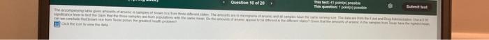 Test Math 1p98 Final Exam Spring 2022 The Accompanying Table Gives Amounts Of Arsenic In Samples Of Brown Rice From T 12