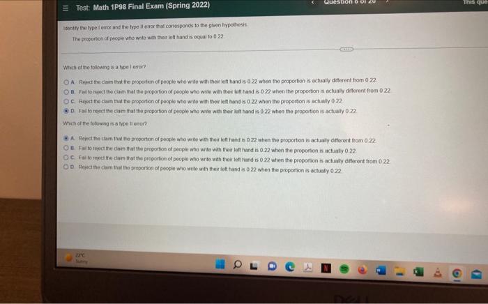 Test Math 1p98 Final Exam Spring 2022 Identify The Type 1 Emor And The Type 11 Error That Corresponds To The Given Hy 1