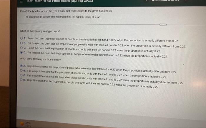 Test Math 1p98 Final Exam Spring 2022 Identify The Type 1 Emor And The Type 11 Error That Corresponds To The Given Hy 2