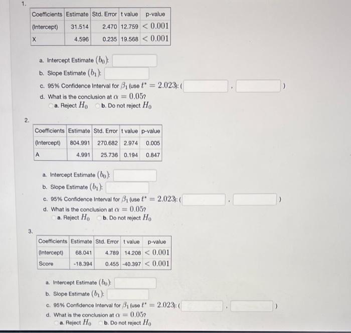 2 Coefficients Estimate Std Error T Value P Value Intercept 31 514 2 470 12 759 0 001 0 235 19 568 0 001 4 596 X 1