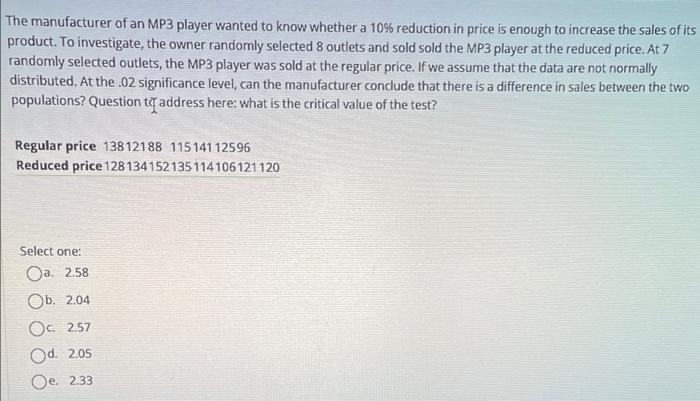 The Manufacturer Of An Mp3 Player Wanted To Know Whether A 10 Reduction In Price Is Enough To Increase The Sales Of Its 1