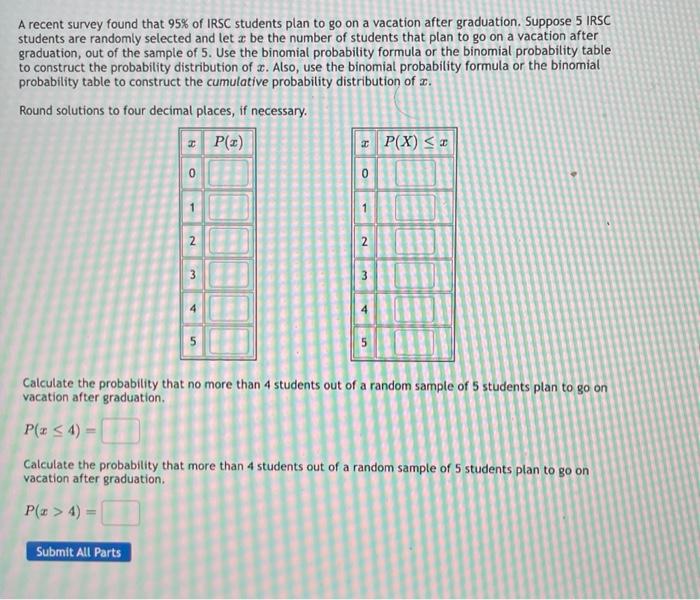 A Recent Survey Found That 95 Of Irsc Students Plan To Go On A Vacation After Graduation Suppose 5 Irsc Students Are R 1