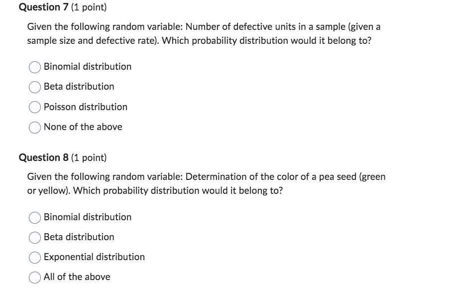 Question 7 1 Point Given The Following Random Variable Number Of Defective Units In A Sample Given A Sample Size And 1