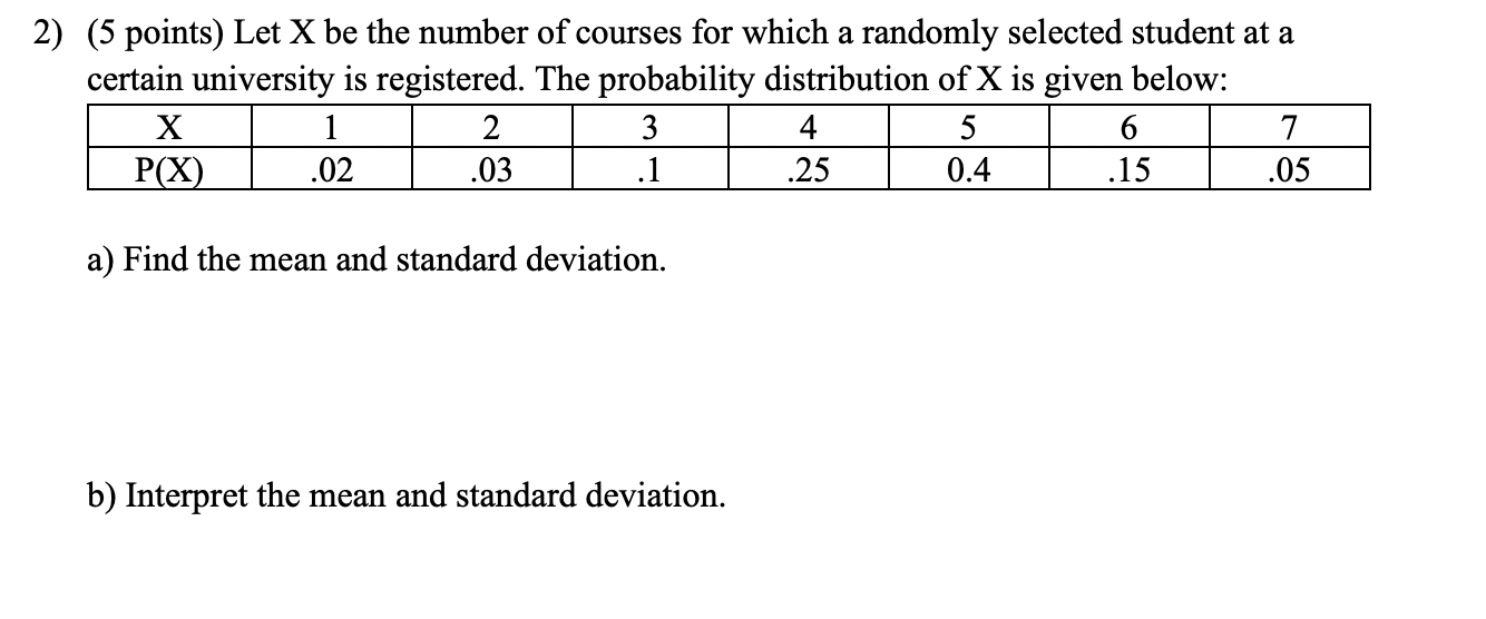 2 5 Points Let X Be The Number Of Courses For Which A Randomly Selected Student At A Certain University Is Registered 1