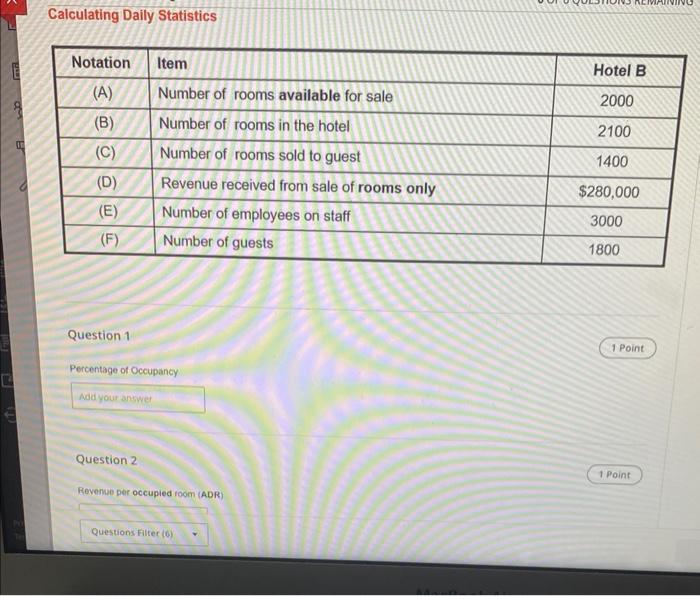 Notation A B C D E F Question 1 Item Number Of Rooms Available For Sale Number Of Rooms In The Hotel Number 2