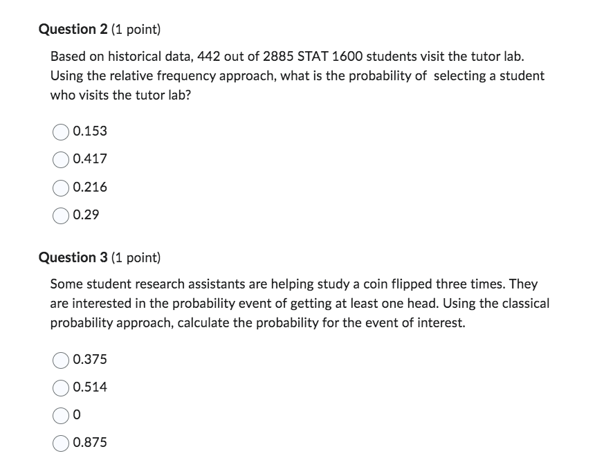 Question 2 1 Point Based On Historical Data 442 Out Of 2885 Stat 1600 Students Visit The Tutor Lab Using The Relativ 1