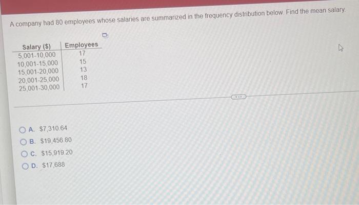 A Company Had 80 Employees Whose Salaries Are Summarized In The Frequency Distribution Below Find The Me Salary 5 0 3