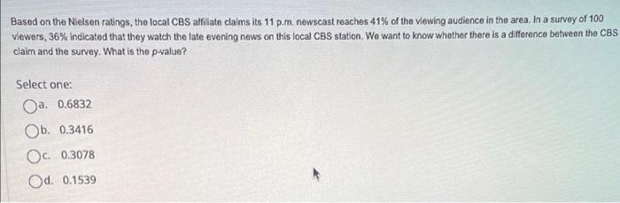 Based On The Nielsen Ratings The Local Cbs Affiliate Claims Its 11 P M Newscast Reaches 41 Of The Viewing Audience In 1