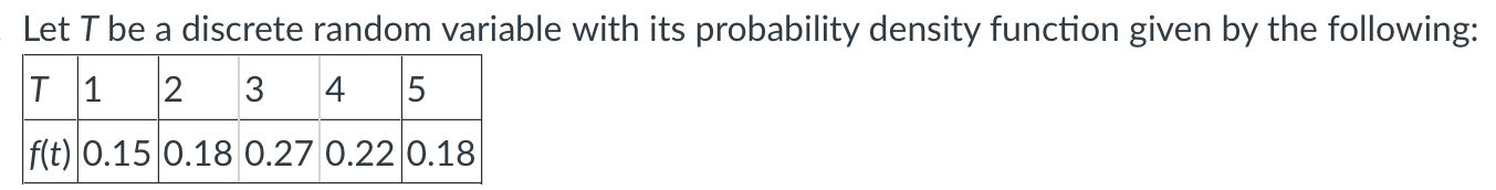 Let T Be A Discrete Random Variable With Its Probability Density Function Given By The Following T1 2 3 4 5 F T 0 15 0 1