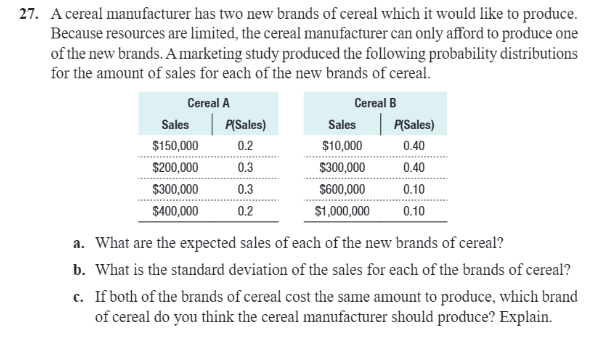 27 A Cereal Manufacturer Has Two New Brands Of Cereal Which It Would Like To Produce Because Resources Are Limited Th 1