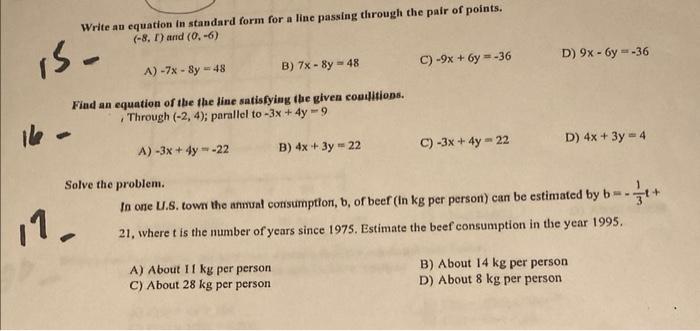 Write An Equation In Standard Form For A Line Passing Through The Pair Of Points 8 I And 0 6 15 A 7x 8y 48 1